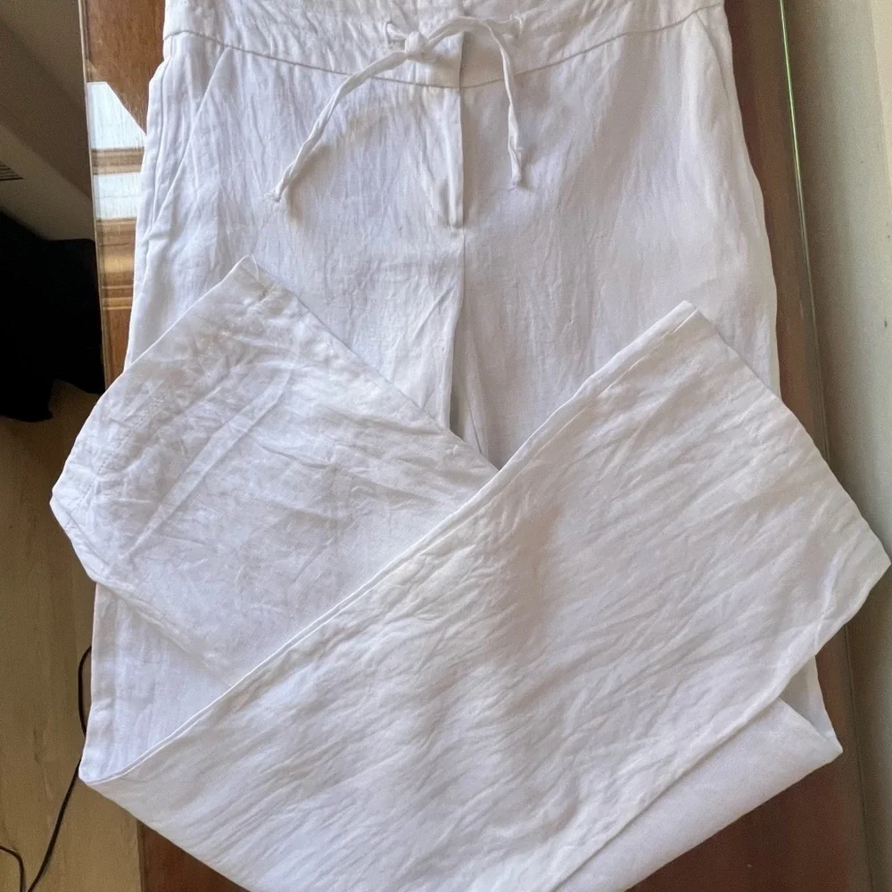 Blue Island Crisp SZ S Semi-Sheer White Linen Trousers.